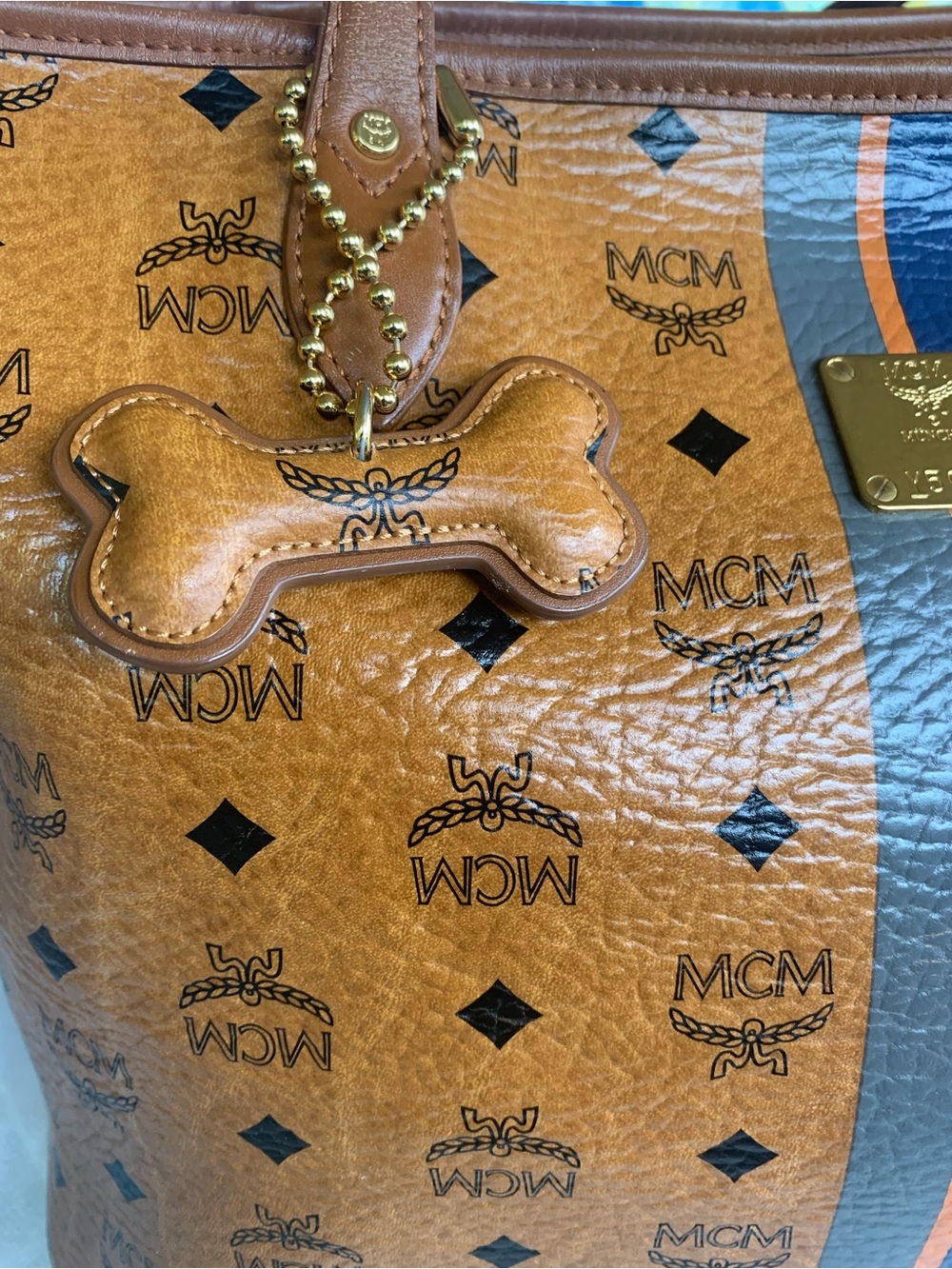 MCM Cognac Visetos Tote with Navy and Orange Center Stripe with Bone. EUC - Picture 11 of 16